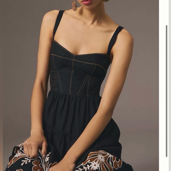 Anthropologie Black Midi Dress with Brown Floral Border - Picture 3 of 7